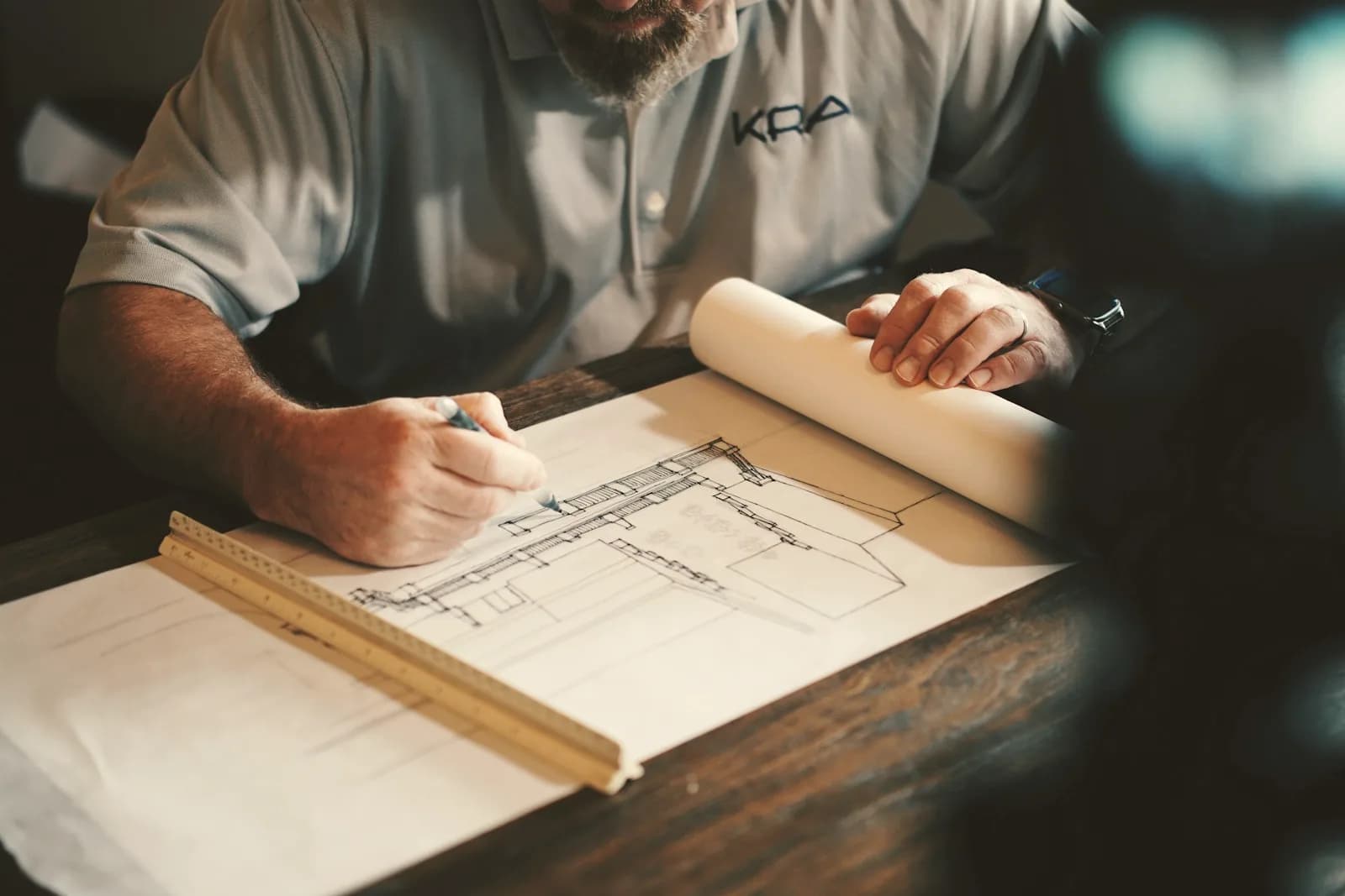 Hands drawing on a construction plan at a wooden work table
