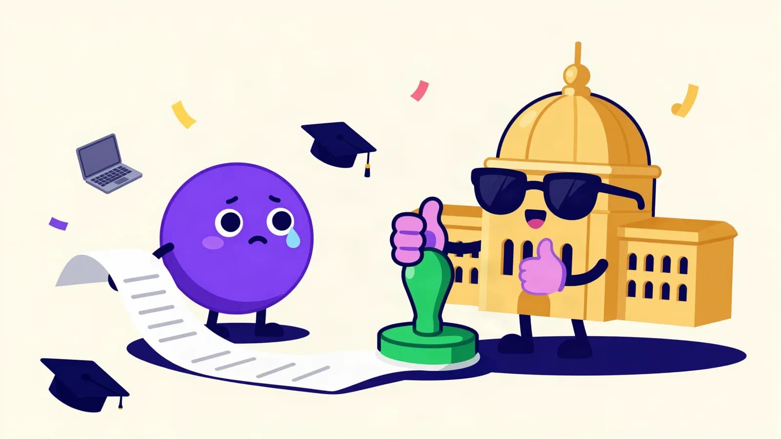 Cartoon: a worried purple small-business owner holds a long AI training receipt while a golden-domed State House in sunglasses gives a thumbs-up and stamps it.